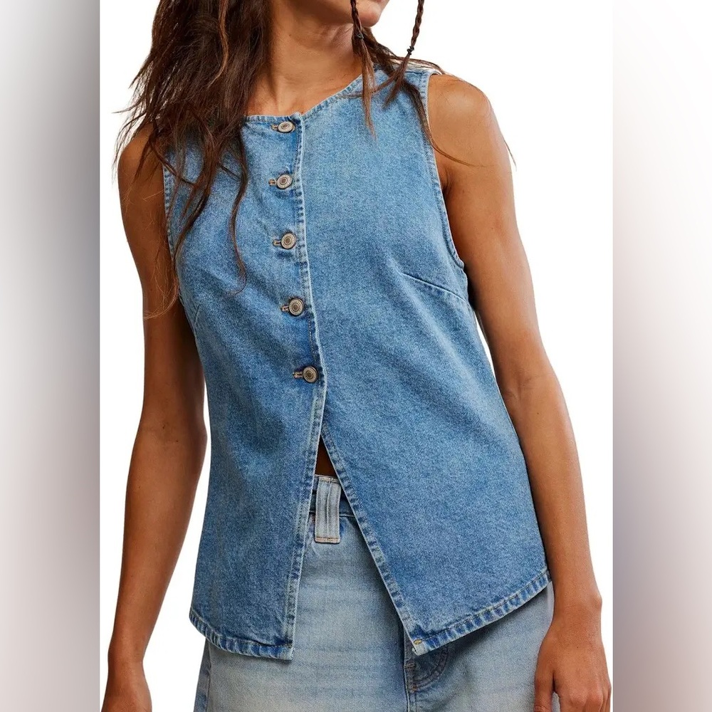 We The Free Light Blue Denim Button Vest